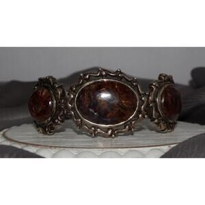 Vintage NK Sterling Silver Jasper Thailand Cuff Bracelet 36.3G / 6.75in